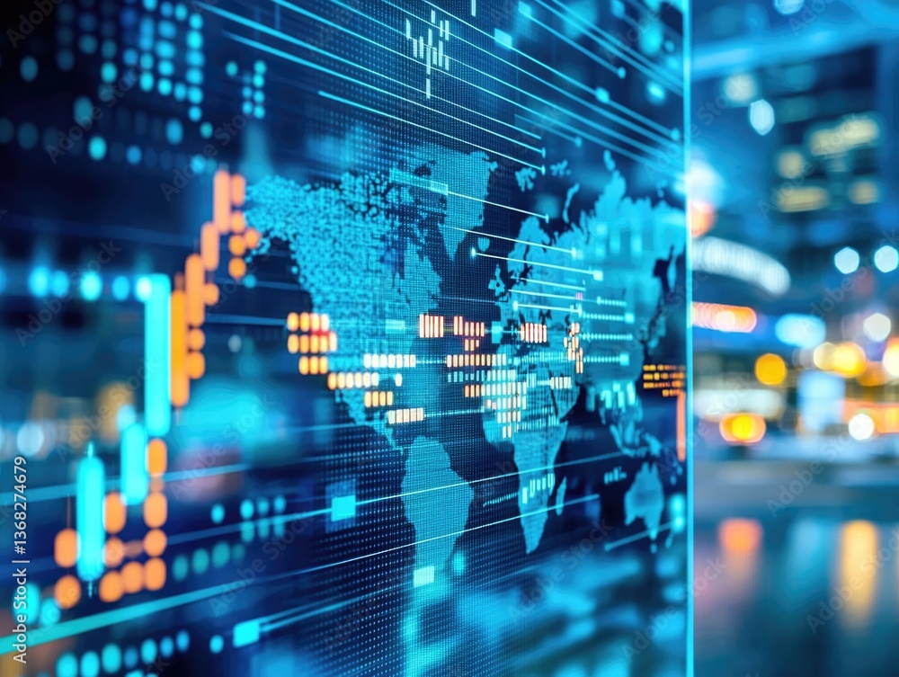 Poster digital data visualization of global market trends in technology sector urban environment high-tech 