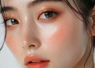 Fototapeta premium Close-up beauty portrait of a young Asian woman with perfect skin and healthy facial features, isolated on a white background. Asian girl model, close-up face, natural makeup, eye shadow, and blush.