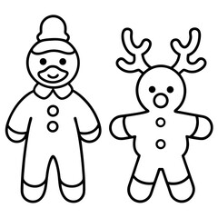 Gingerbread cookies shaped like Santa and reindeer line art vector illustration 