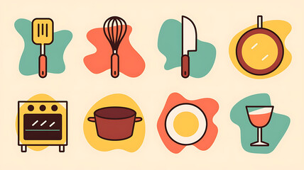 Retro kitchenware icons colorful minimalist style