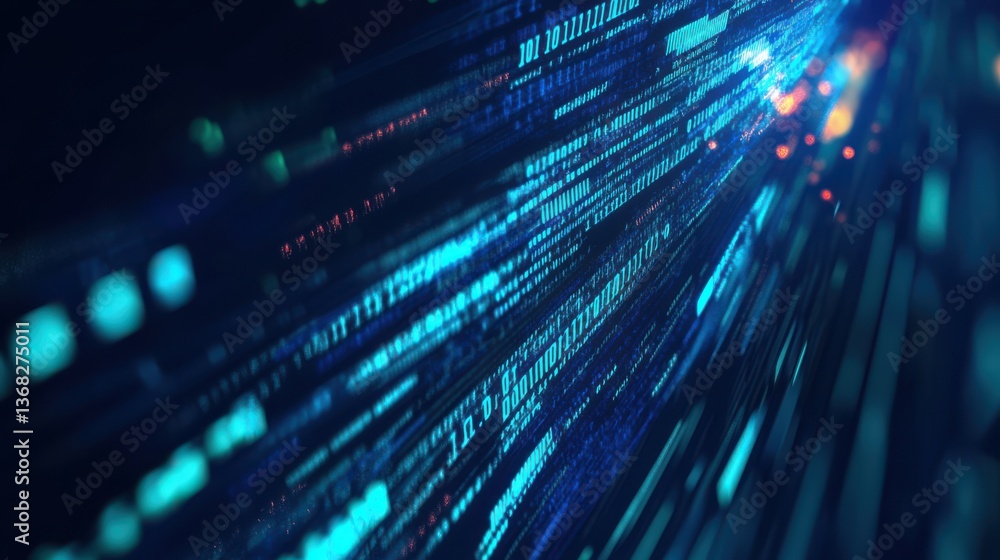 Fototapete A dynamic abstract background featuring glowing blue and green programming code flowing across a dark digital surface. The text appears in motion, creating a futuristic, high-tech atmosphere