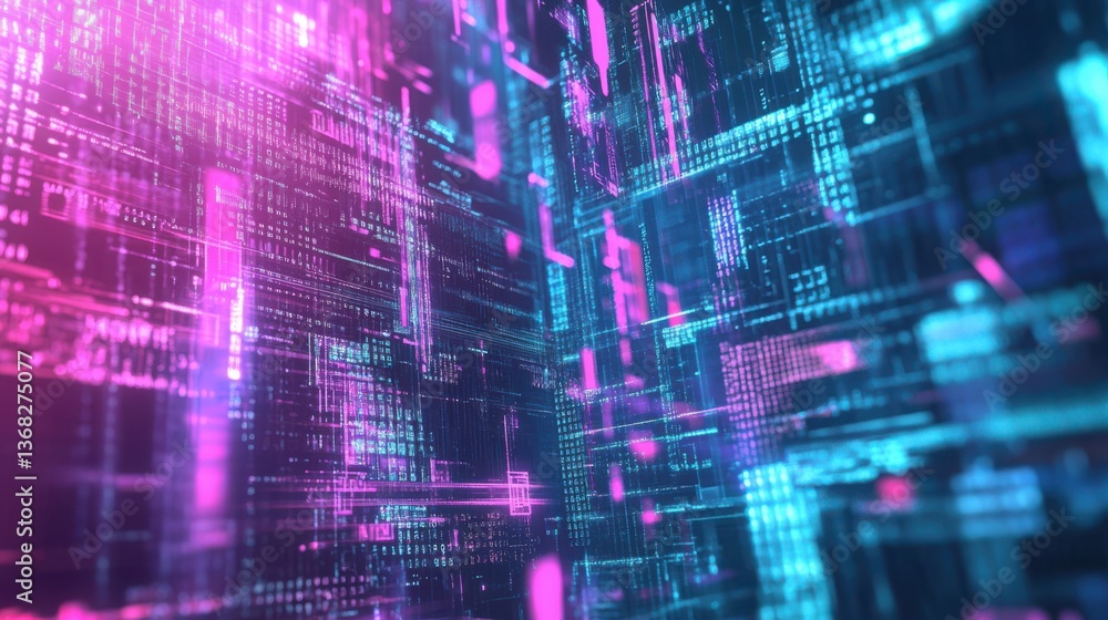 Poster A high-tech holographic background with transparent layers of programming code floating in a digital space. The glowing cyan and purple tones enhance the futuristic, AI-inspired aesthetic