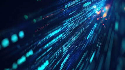 Obraz premium A dynamic abstract background featuring glowing blue and green programming code flowing across a dark digital surface. The text appears in motion, creating a futuristic, high-tech atmosphere