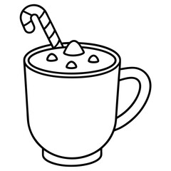 Hot cocoa with marshmallow and candy cane line art vector illustration 