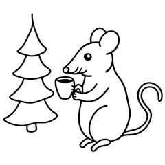 Mouse sipping hot cocoa near a Christmas tree line art vector illustration 