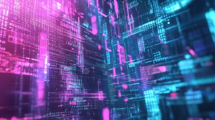 Fototapeta premium A high-tech holographic background with transparent layers of programming code floating in a digital space. The glowing cyan and purple tones enhance the futuristic, AI-inspired aesthetic