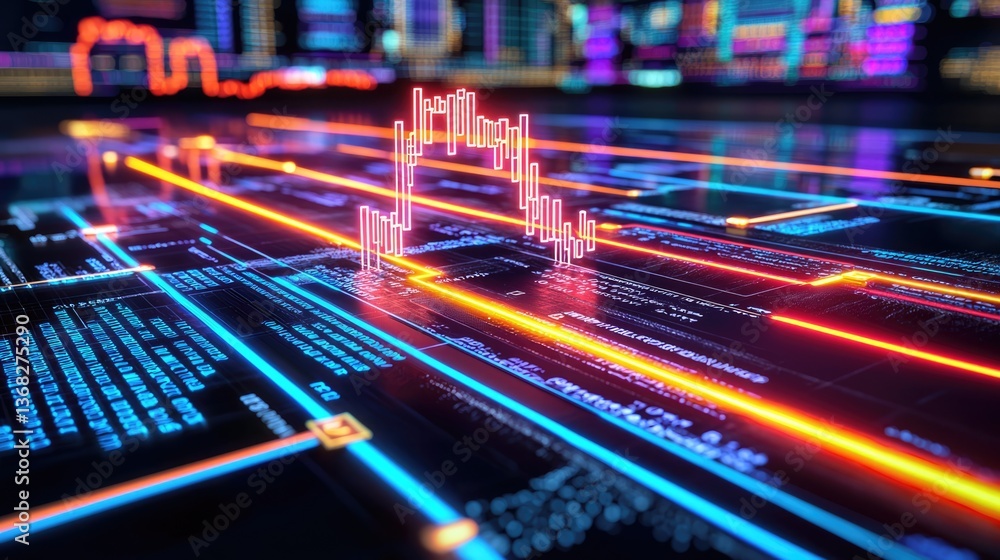 Poster analyzing digital market trends virtual environment infographic data futuristic view technology insi