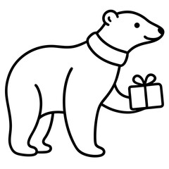 Polar bear with a red scarf holding a present line art vector illustration 