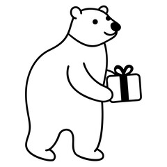  Polar bear with a red scarf holding a present line art vector illustration 