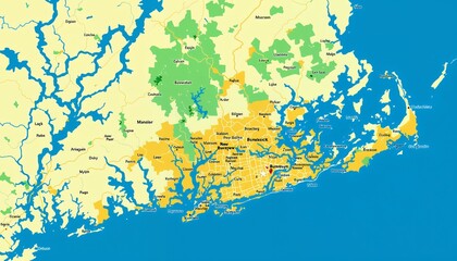 Obraz premium Detailed Geographic Map Showing Coastal Region with Rivers and Terrain