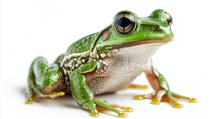 Obraz premium Close-up of a vibrant green tree frog with striking eyes, perched gracefully on a white background.