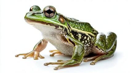 Obraz premium Close-up of a green tree frog with striking patterns on a white background.