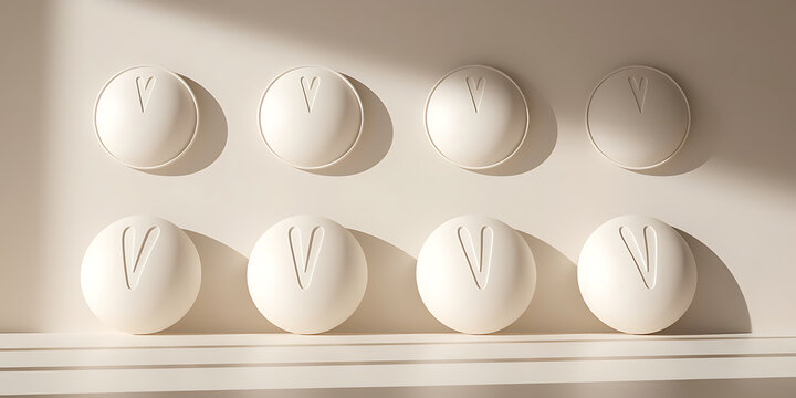 Elegant minimalist and soft-focus design featuring a series of cream-colored round objects with a stylized V shape evoking a sense of calm and sophistication