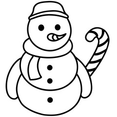 Snowman with a scarf and candy cane line art vector illustration 