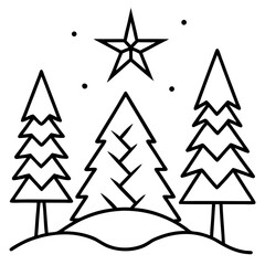Snowy forest with a glowing Christmas star  line art vector illustration 