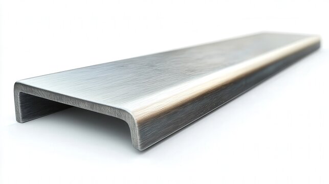 Close-up of a sleek metallic U channel with a brushed texture.