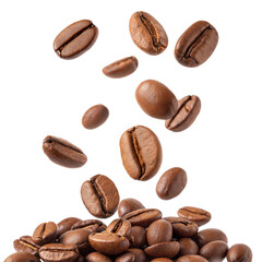 Obraz premium Roasted Coffee Beans Isolated on transparent background, Falling Brown Aromatic Coffee Beans Pile Closeup