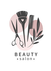 Hairdresser tools. Scissors, brush, comb. Beauty salon logo. Vector illustration for banner, cover, marketing.