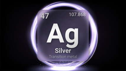 Silver (Ag) (047) Transition Metal, Glass Morphism Element Futuristic Neon Light Glow Background Periodic Table, Chemical Symbol, Name, Atomic Mass, Atomic Number, Vector Illustration