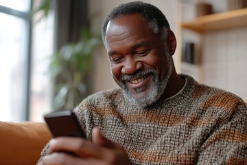 Mature black man smiling and reading a text message on smartphone at home