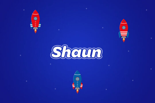 Shaun male boy name illustration in blue with rockets.