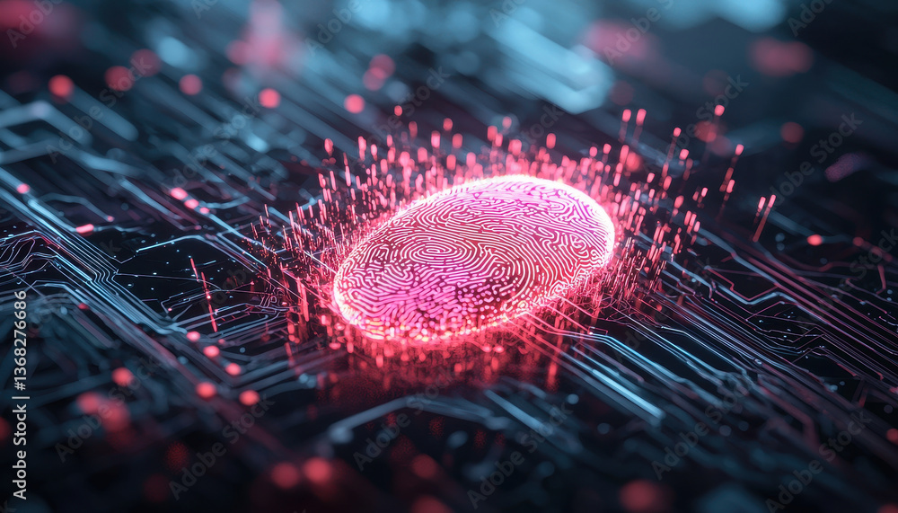 Poster vibrant fingerprint design emerges from digital circuit background, symbolizing cloud storage techno