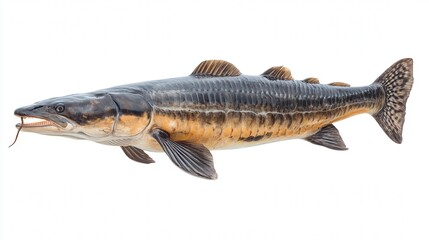 Naklejka premium Detailed image of a sturgeon fish displaying its unique features on a white background.