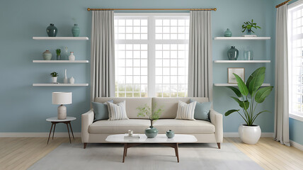 Cozy living room with light blue walls a sofa and shelves Modern minimalist style