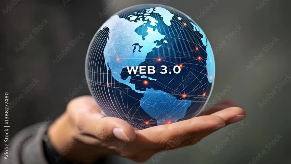 Aufkleber person holding a web three point oh globe with network connections in their open hand closeup view