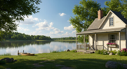 Obraz premium High-Resolution Cottage by a Peaceful Lake Reflecting the Sky