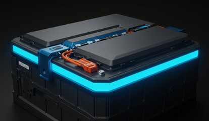 Futuristic battery pack, electric vehicle component, showcasing advanced technology, emphasizes sustainability and innovation.