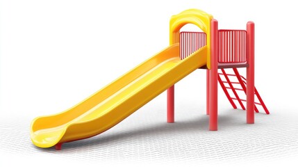 Brightly colored playground slide with a yellow chute and red structure, set against a clean white background