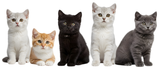 Adorable kittens of multiple breeds and colors sitting with detailed fur textures isolated on a transparent background