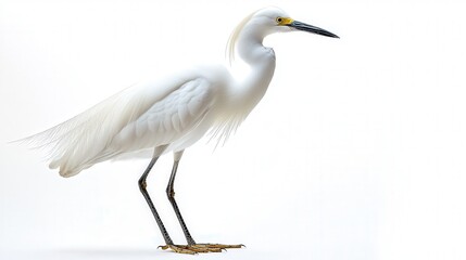 Elegant snowy egret with pristine white plumage against a stark white background.