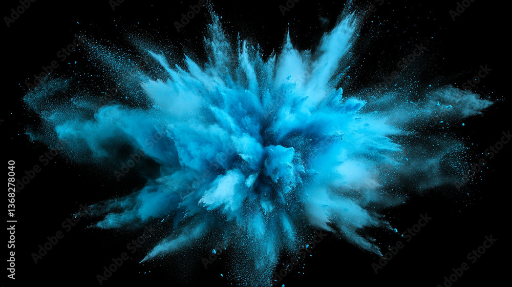 Poster an explosion of vibrant blue powder against a stark black background creating a dynamic visual effec