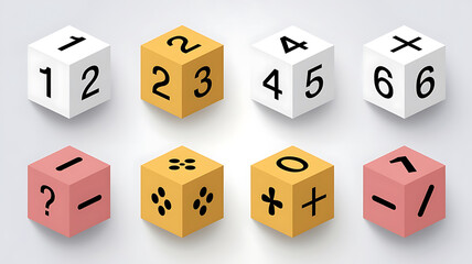 Obraz premium Mathematical dice with various operations and numbers suitable for educational or conceptual illustrations