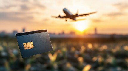 Dark credit card with visible microchip gliding in focus against a blurred sunset background of an airplane taking off at an airport runway scene