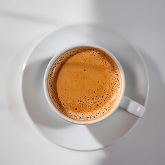 Coffee cup overhead view, white ceramic saucer