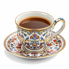 Ornate porcelain teacup and saucer steaming tea inside, intricate floral pattern, blue and red flowers on white background