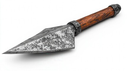 Ancient stone-tipped spear with a wooden handle on a white background.