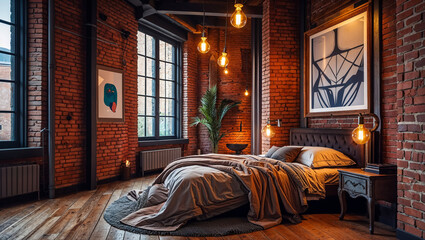 A cozy, intimate bedroom nestled in a rustic, exposed-brick loft, bathed in the warm glow of hanging Edison bulbs and ambient lighting.