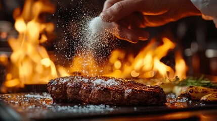 Naklejka premium close-up seasoning meat cooking