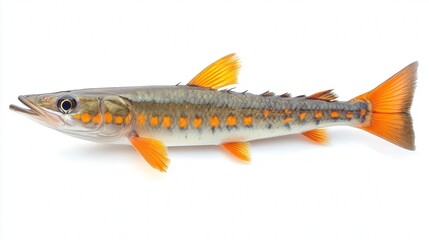 Obraz premium Close-up of an orange-finned freshwater fish with intricate patterns on a white background.