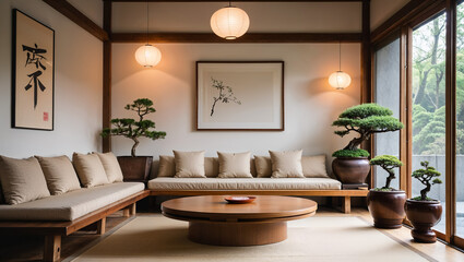 Serene Japanese living room, showcasing minimalist design with calming neutral tones and carefully placed bonsai trees, creating a tranquil atmosphere bathed in soft light.