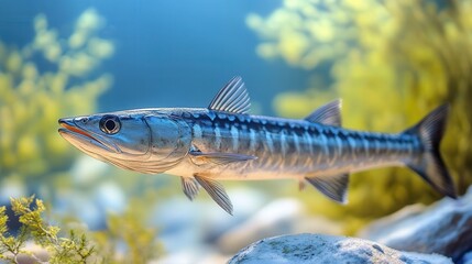 Fototapeta premium A sleek barracuda swims gracefully through a vibrant underwater landscape.