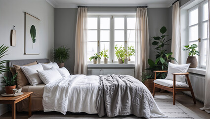 A serene bedroom sanctuary bathed in soft natural light, featuring a calming grey and white palette, lush greenery, and crisp linen bedding creating a tranquil and inviting atmosphere.