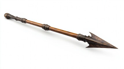 Intricately designed wooden spear with a sharp metal tip on a white background.