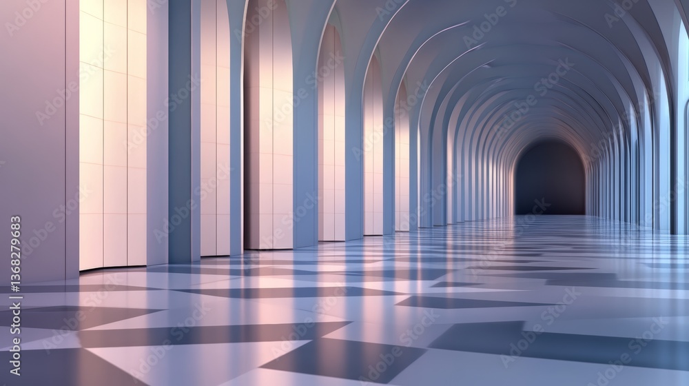 Poster hallway with symmetrical arches leads to a darkened space and features a geometric floor pattern and