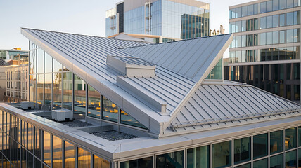 Modern sleek commercial building rooftop with metal siding and glass facade