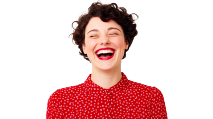 Woman in red laughs, expressing joy and happiness, cut out transparent